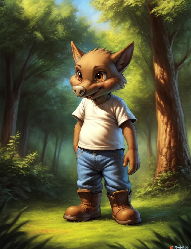 <lora:AchilleFoFriN:1> AchilleFoFriN, boar ,  blue jeans, white shirt, boots,  
Male, Detailed multicolored skin, ( solo), [day, forest, trees, meadows, grass, clouds,] 
(beautiful, aesthetic, perfect, delicate, intricate), masterpiece, digital drawing, best quality, AS-YoungerV2:0.6, AS-YoungestV2:0.5,
[by kenket|by totesfleisch8], by thebigslick:by silverfox5213:0.8], [by syuro, by paloma-paloma::0.2, (Tricksta, TotesFleisch8)