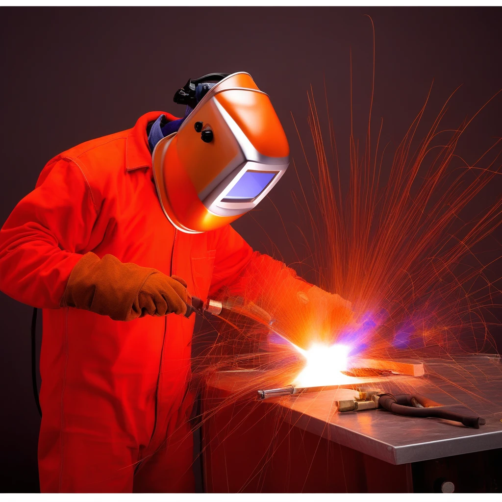 man in an orange welder_mask on his head holds an electrode holder in his raised hand above his head, a bright electric arc burns at the end of the electric gas burner,