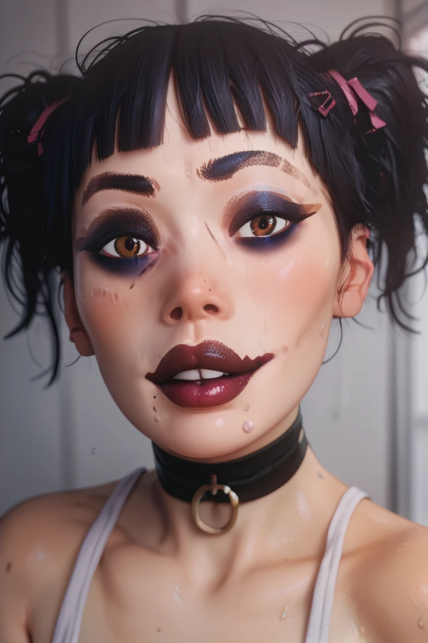 score_9_up, score_8_up, score_7_up, <lora:Girl_from_the_witness_for_Pony:0.7>,  1girl, brown eyes, messy makeup, lipstick, mole under mouth, twintails, messy hair, black hair, looking at viewer, blush, bangs, lips, sweat, blunt bangs, close-up, smug, best quality, high quality