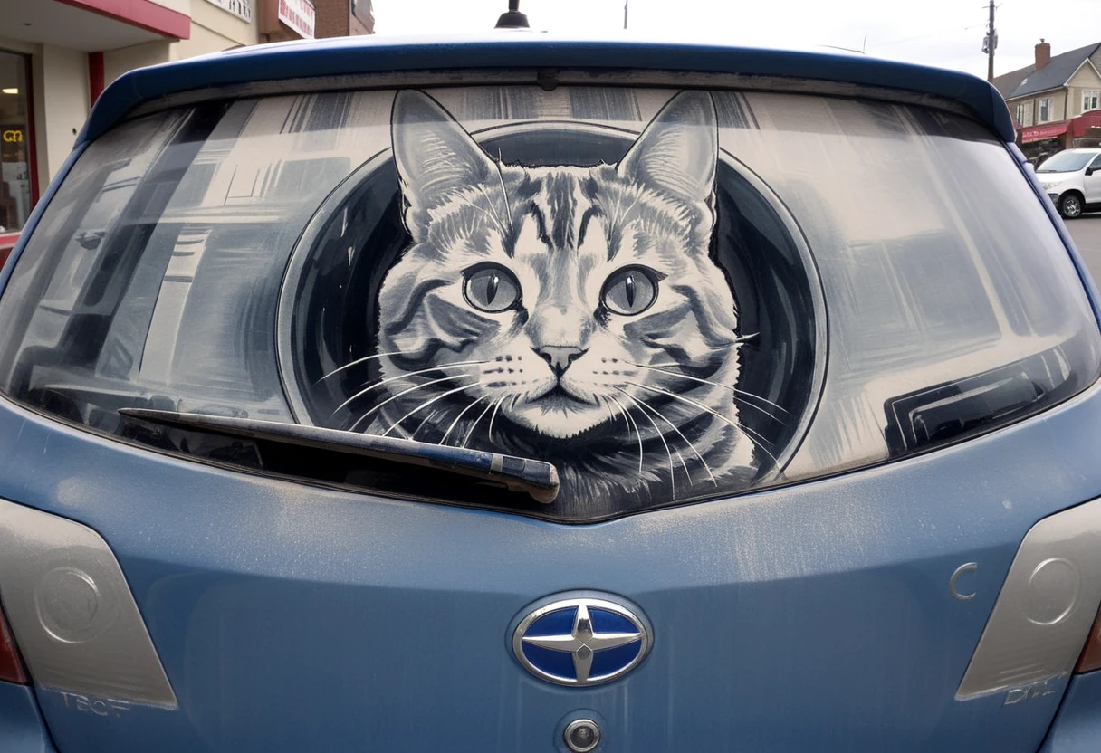 hud_drty_c4r_4rt, blue car, vehicle focus, car window BREAK traditional media, monochrome, cat, <lora:carart-000006:0.7>