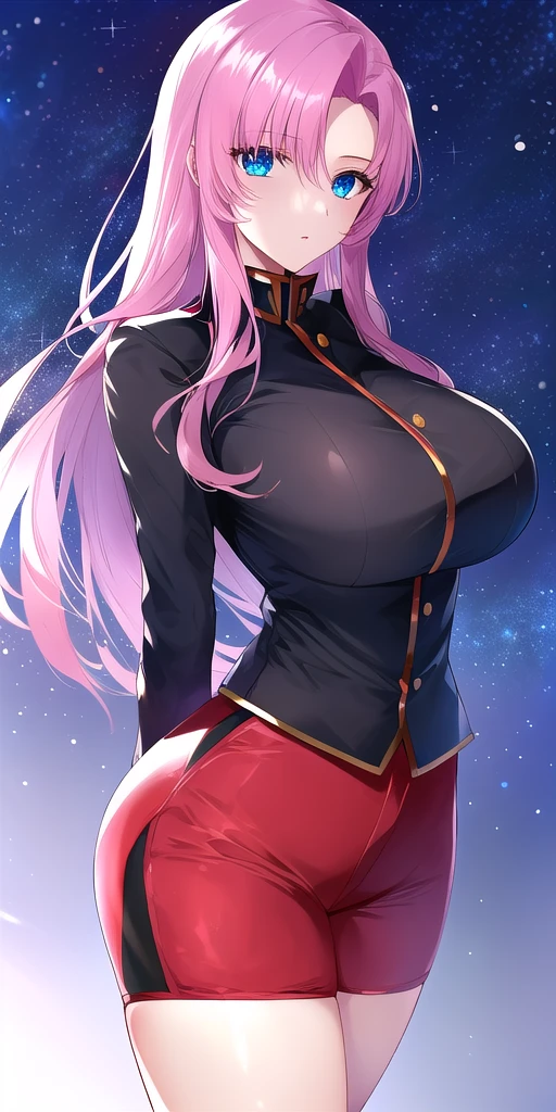 <lora:UtenaV2:0.7> utenatenjou, huge_breasts, standing, solo, arms_behind_back, starry_sky,  black_jacket_long_sleeves_red_bike_shorts, masterpiece, best_quality, detailed_face, detailed_eyes, highres, beautiful, detailed, absurdres,