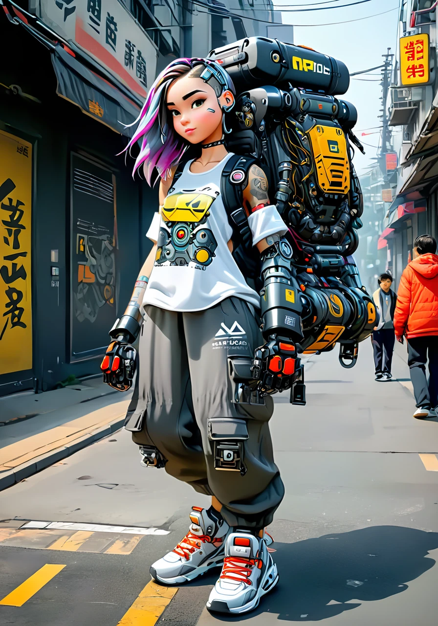 a cartoon of cyborg girl, <lora:excybertechsdxl:1>, excybertechsdxl, best quality, masterpiece, mechanical parts, detailed, intricate, baggy pants, sneakers, cyber-ninja, robotic arms, large backpack, cell shaded,