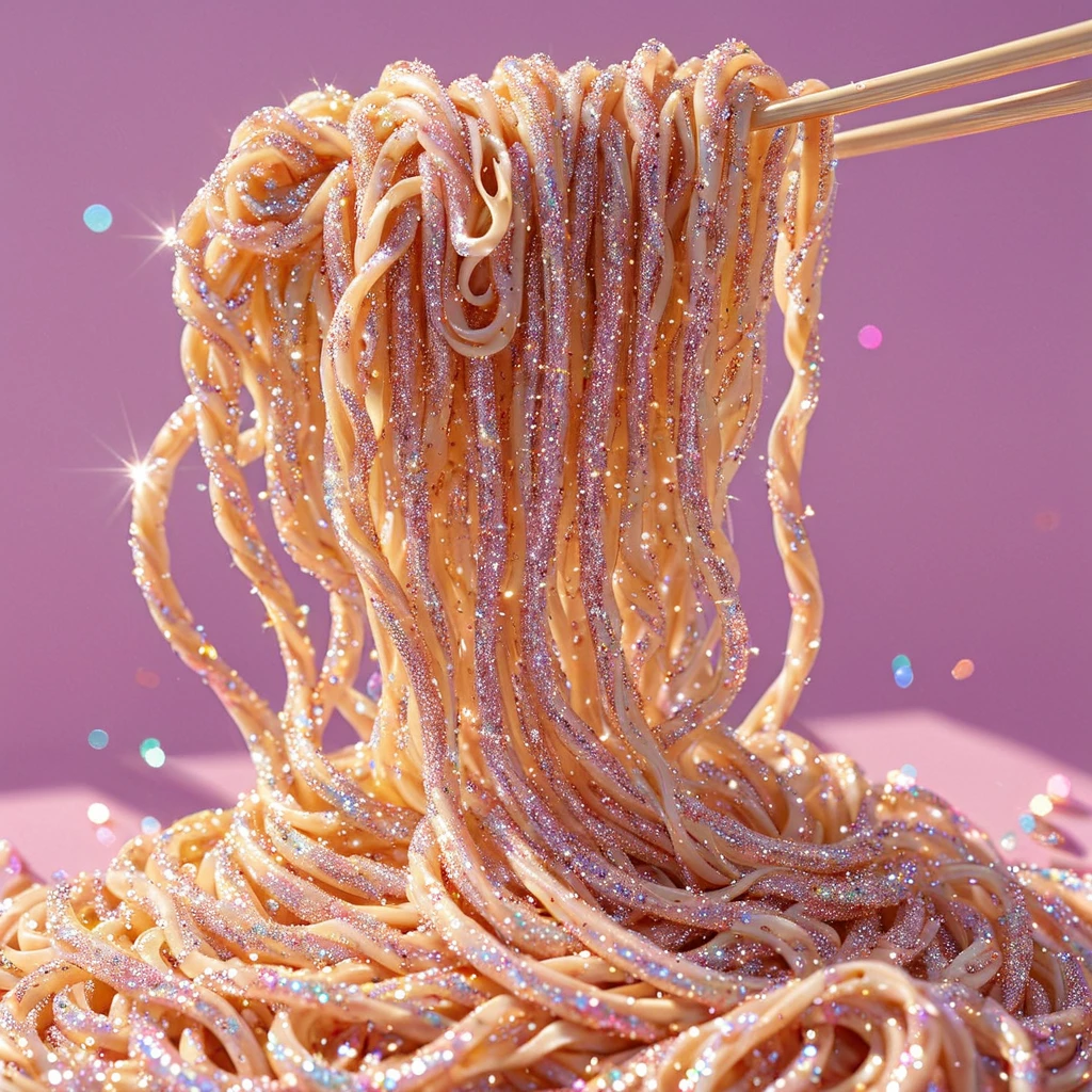 <lora:gl1tt3rSDXL:1> gl1tt3r, glitter, iridescent, no humans, still life, sparkle, noodles,