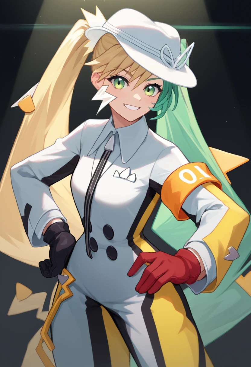 score_9, score_8_up, score_7_up, source_anime, solo, 1girl, electricmiku, smile, looking at viewer, standing, hand on own hip, two-tone hair, green hair, blonde hair, twintails, white headwear, hat, long sleeves, yellow armband, mismatched gloves, black gloves, red gloves, spotlight <lora:projectvoltage_electricmiku_ponyXL:1>