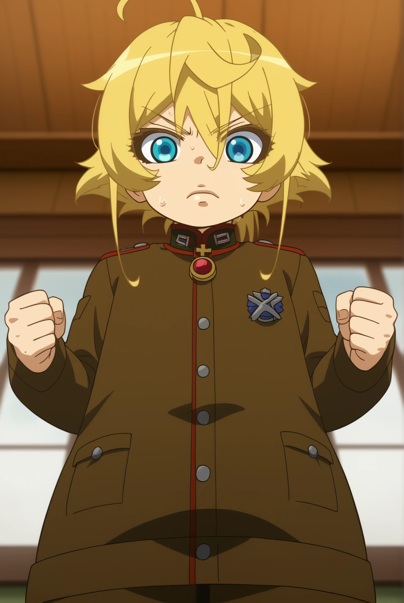 <lora:Tanya_Degurechaff:0.8>, outdoors, Tanya Degurechaff, 1girl, solo, long sleeves, closed mouth, jacket, upper body, sweat, indoors, blurry, uniform, window, military, military uniform, from below, clenched hands