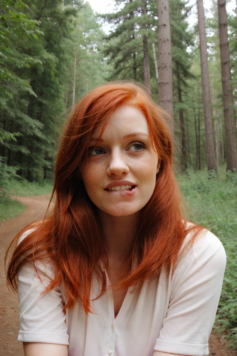 redhead, out in the forest, (lip bite expression:1.0)
<lora:lipbite_v2:1.1>
