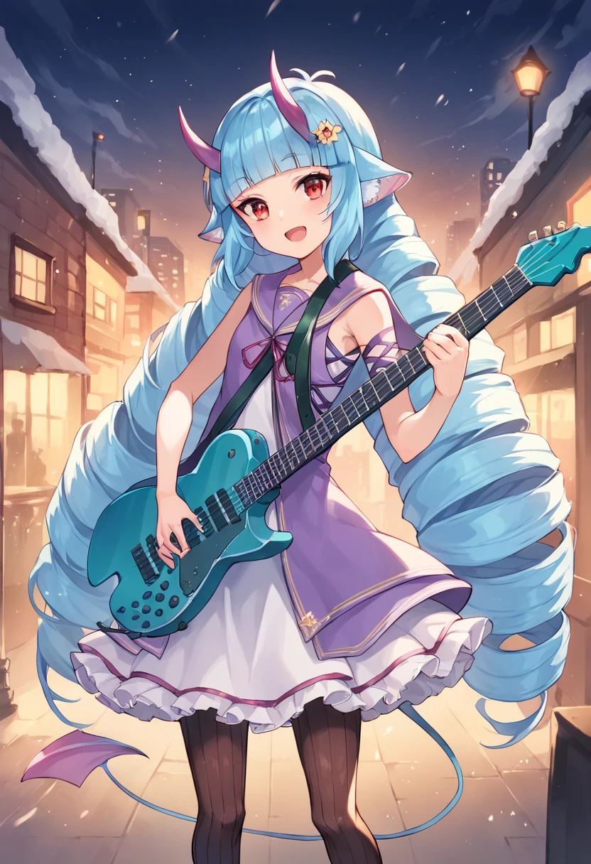 score_9,score_8_up,score_7_up,score_6_up,score_5_up,source_anime,1girl,solo,little_girl,delmin_(show_by_rock!!),very long hair,drill hair,blue hair,blunt bangs,red eyes,horns,animal ears,hair ornament,purple dress,sailor collar,sleeveless,tail,pantyhose,<lora:delminSB69:1>,cowboy_shot,open mouth,smile,standing,guitar,holding_guitar,night,head_tilt,christmas,cityscape,snow,playing_instrument,