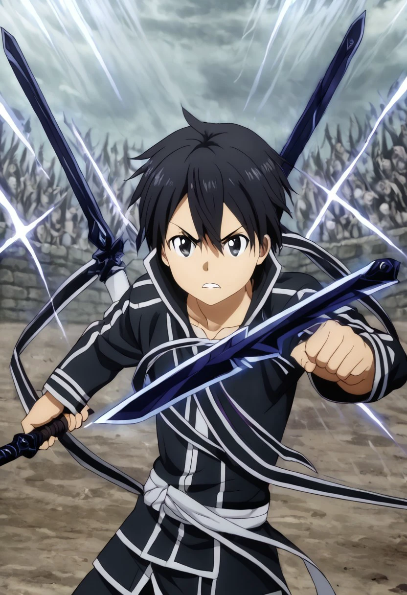 high resolution, solo, best quality, 1Boy, Kazuto Kirigaya, Black Hair, Black Eyes, Fight, Dual Sword, Sword, battle, versus,