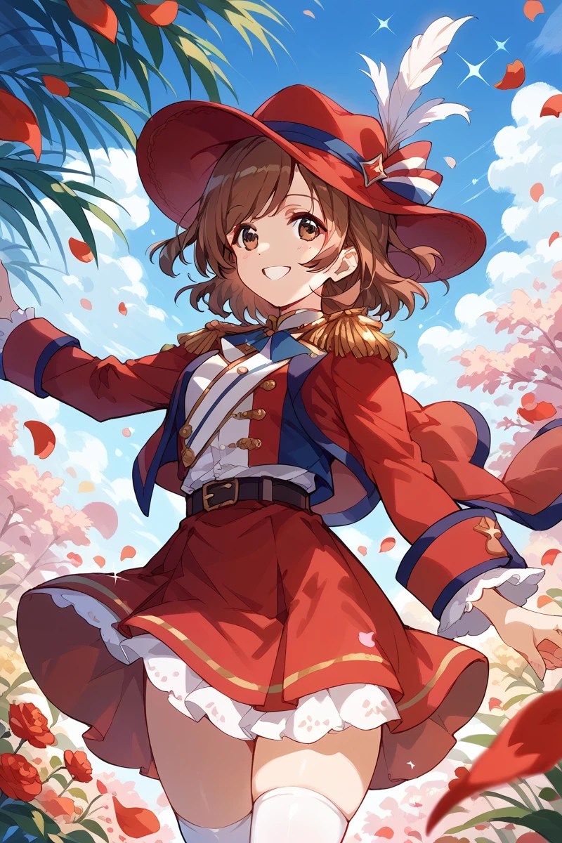 score_9, score_8_up, score_7_up, score_6_up, 1girl,
 <lora:Karen_Aijo:0.9> karen, brown hair, petals, solo, hat, hat feather, holding, brown hair, epaulettes, skirt, thighhighs, sparkle, red skirt, musketeer, smile, red jacket, red headwear,