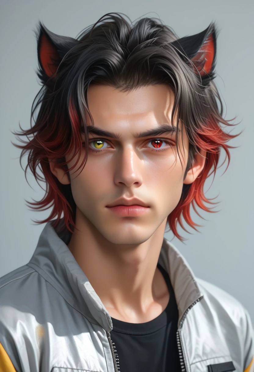 solo,  looking at viewer,  simple background,  shirt,  two tone hair,  gradient hair,  black hair,  red hair,  red eyes,  1boy,  animal ears,  jacket,  yellow eyes,  male focus,  parted lips,  cat ears,  heterochromia,  grey jacket, hyperrealism, portrait photography, specular highlights , realistic BREAK  PonyXLV6_Scores