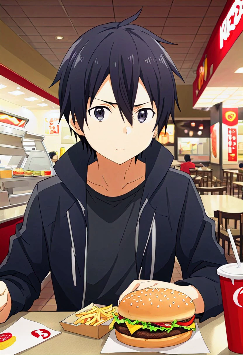 high resolution, solo, best quality, 1Boy, Kazuto Kirigaya, Black Hair, Black Eyes, eat, fast food, fast food restauran, restaurant,