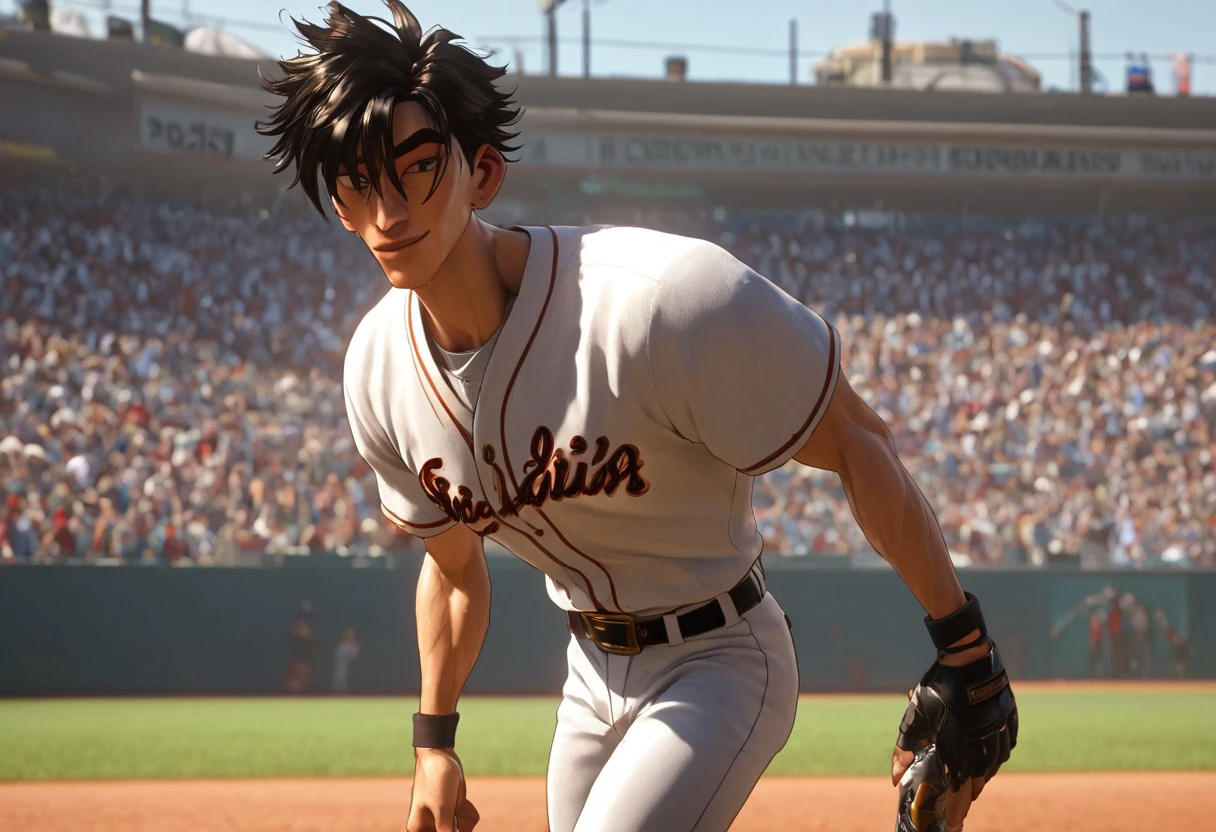 1boy, solo, male focus, toned male, black hair, messy hair, spiky hair, messy hair, satisfaction, satisfied, closed, mouth, neutral, 
baseball outfit, belt pants, looking at viewer, smile, sweaty, sweating, drenched in sweat, towel, soda can, refreshing
rating PG, score_9,score_8_up,score_7_up, source_anime, male focus, Muscular,
big thigh, big thigh, big chest, hung, manly, tall, detailed eyebrow, sharp eyebrows, focus on thigh, hairy thigh, thigh focus, random view