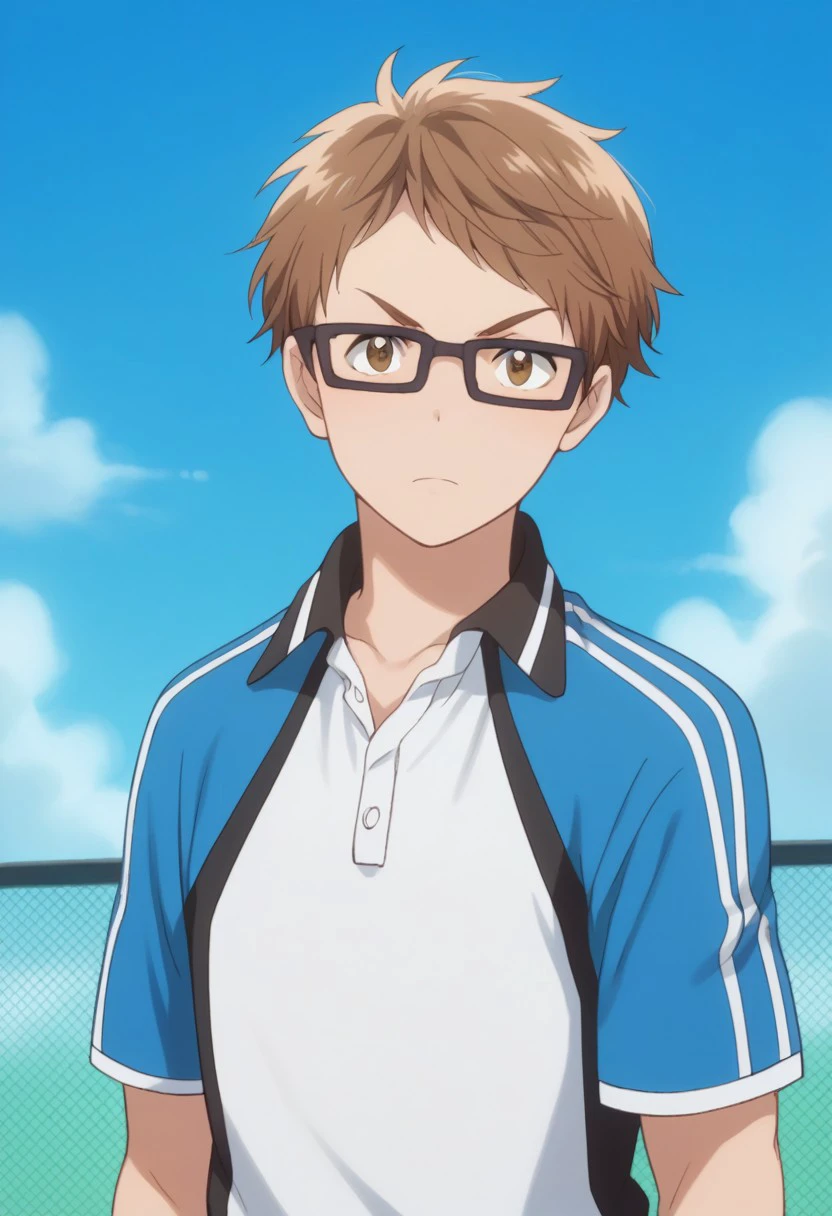 score_9, score_8_up, score_7_up, source_anime, highly detailed, 
toma, 1boy, male focus, solo, glasses, brown hair, sportswear, upper body,
looking at viewer, standing, brown eyes, tennis uniform, white shirt, blue shirt, raglan sleeves
outdoor, sky,