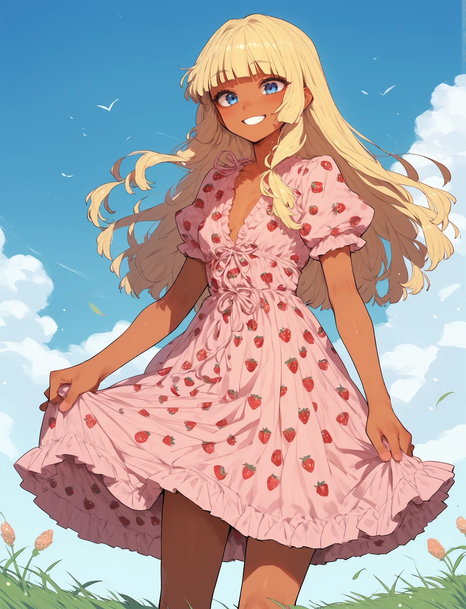 <lora:Strawberry_Dress:1> strawberry dress
score_9, score_8_up, score_7_up, score_6_up, score_5_up, score_4_up, source_anime, 1girl, solo,
long hair, blonde hair, blunt bangs, dark skin, blue eyes, small breasts
standing, cowboy shot, holding skirt, blue sky, grass, smile, happy, pink sandals, <lora:axiah:1>