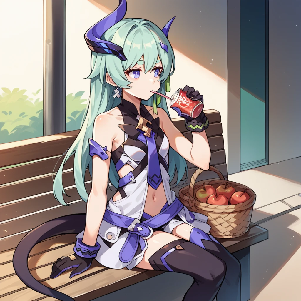 score_9_up, score_8_up, score_7_up, score_6up, source_anime, 1girl, solo, Liliya, Lili_Purple, sun light, shadow, sitting on bench, drinking straw, holding soda, looking to side, basket with apples, long hair, tail, blue hair, thick eyebrows, single horn, asymmetrical horns, sleeveless dress, open dress, navel, purple necktie, black thighhighs, green ribbon, black gloves, dynamic cowboy shot, indoors, street background,