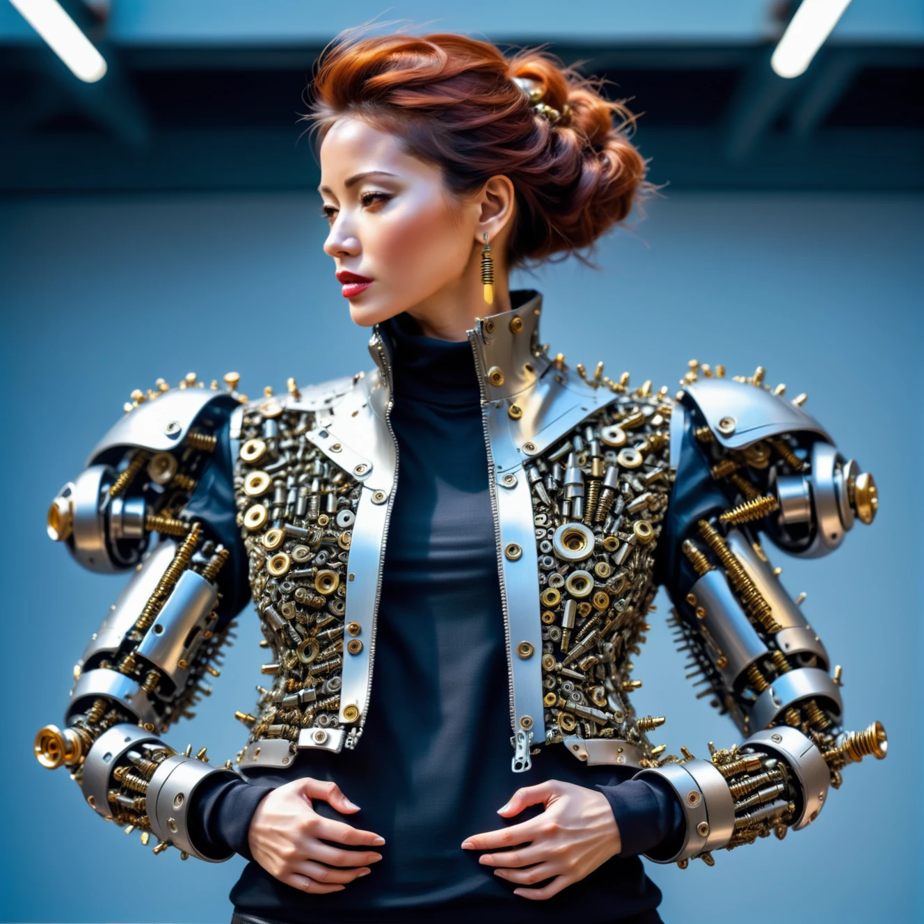 a woman wearing a jacket made out of Jed-Screws,  <lora:SteelScrewsStyle-000006:0.7>