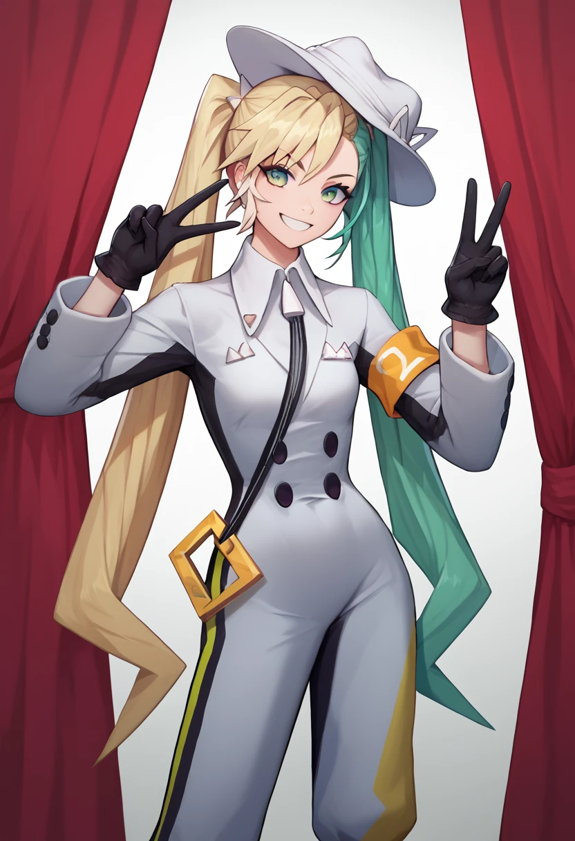 score_9, score_8_up, score_7_up, source_anime, cowboy shot, solo, 1girl, electricmiku, smile, looking at viewer, standing, double v, two-tone hair, green hair, blonde hair, twintails, white headwear, hat, long sleeves, yellow armband, mismatched gloves, black gloves, red gloves, red curtain <lora:projectvoltage_electricmiku_ponyXL:1>