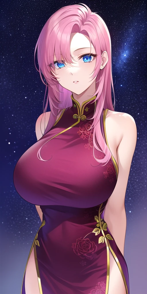 <lora:UtenaV3:0.7> utenatenjou, huge_breasts, standing, solo, arms_behind_back, starry_sky,  china_dress, masterpiece, best_quality, detailed_face, detailed_eyes, highres, beautiful, detailed, absurdres,