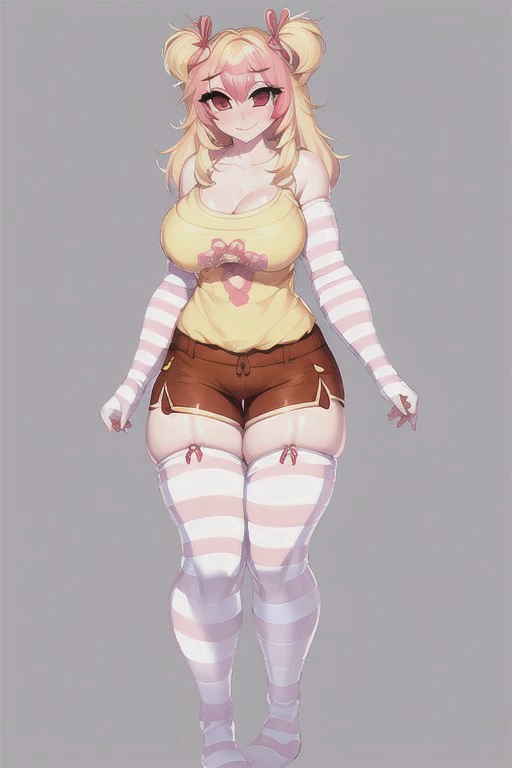 Miocrushcrush, 1girl, little hair ribbons, solo, blonde hair, long hair, yellow tanktop, symbol on tanktop, multicolored hair, short shorts, striped thighhighs, large breasts, red eyes, striped fingerless gloves, striped sleeves, streaked hair, thick thighs, simple background, looking at viewer, (HD, 4K, High quality), full body,