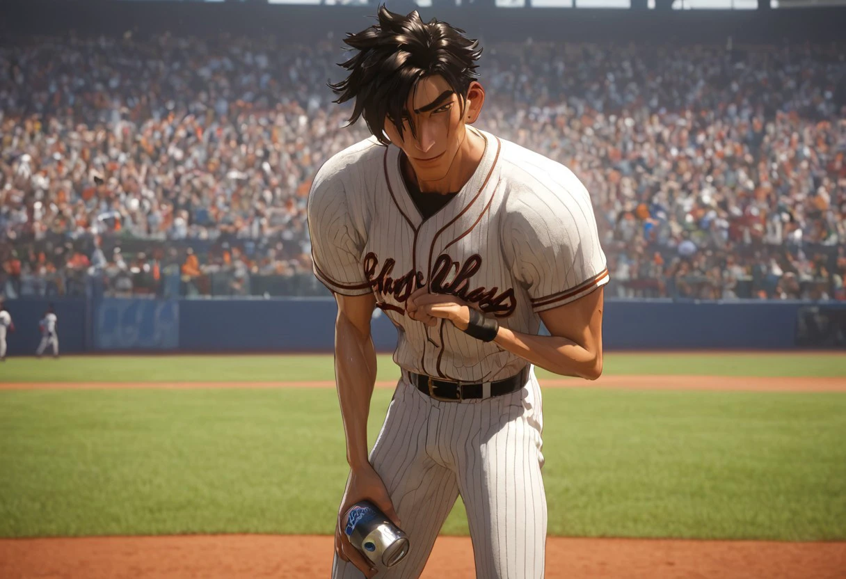 1boy, solo, male focus, toned male, black hair, messy hair, spiky hair, messy hair, satisfaction, satisfied, closed, mouth, neutral, 
baseball outfit, belt pants, looking at viewer, smile, sweaty, sweating, drenched in sweat, towel, soda can, refreshing
rating PG, score_9,score_8_up,score_7_up, source_anime, male focus, Muscular,
big thigh, big thigh, big chest, hung, manly, tall, detailed eyebrow, sharp eyebrows, focus on thigh, hairy thigh, thigh focus, random view