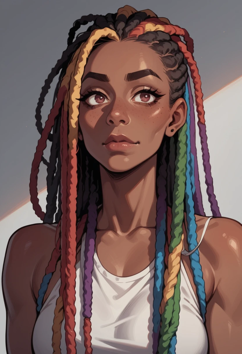 score_9, score_8_up, score_7_up, score_6_up, hud_dr3adlocks, 1girl, dark skin, rainbow hair, long hair, dreadlocks, <lora:dr3ads-000008:0.8>,