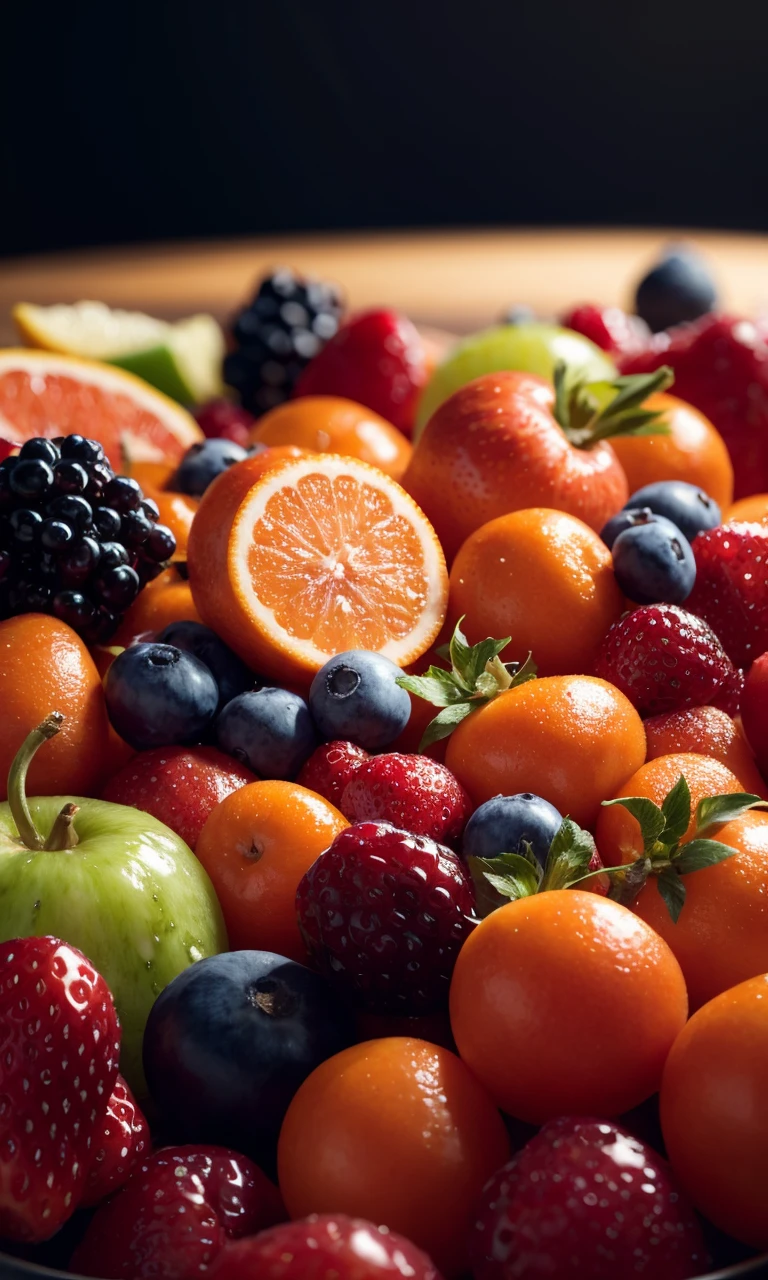 Cinematic camera perspective, delicious and tempting assorted fruits close-up, restaurant background,