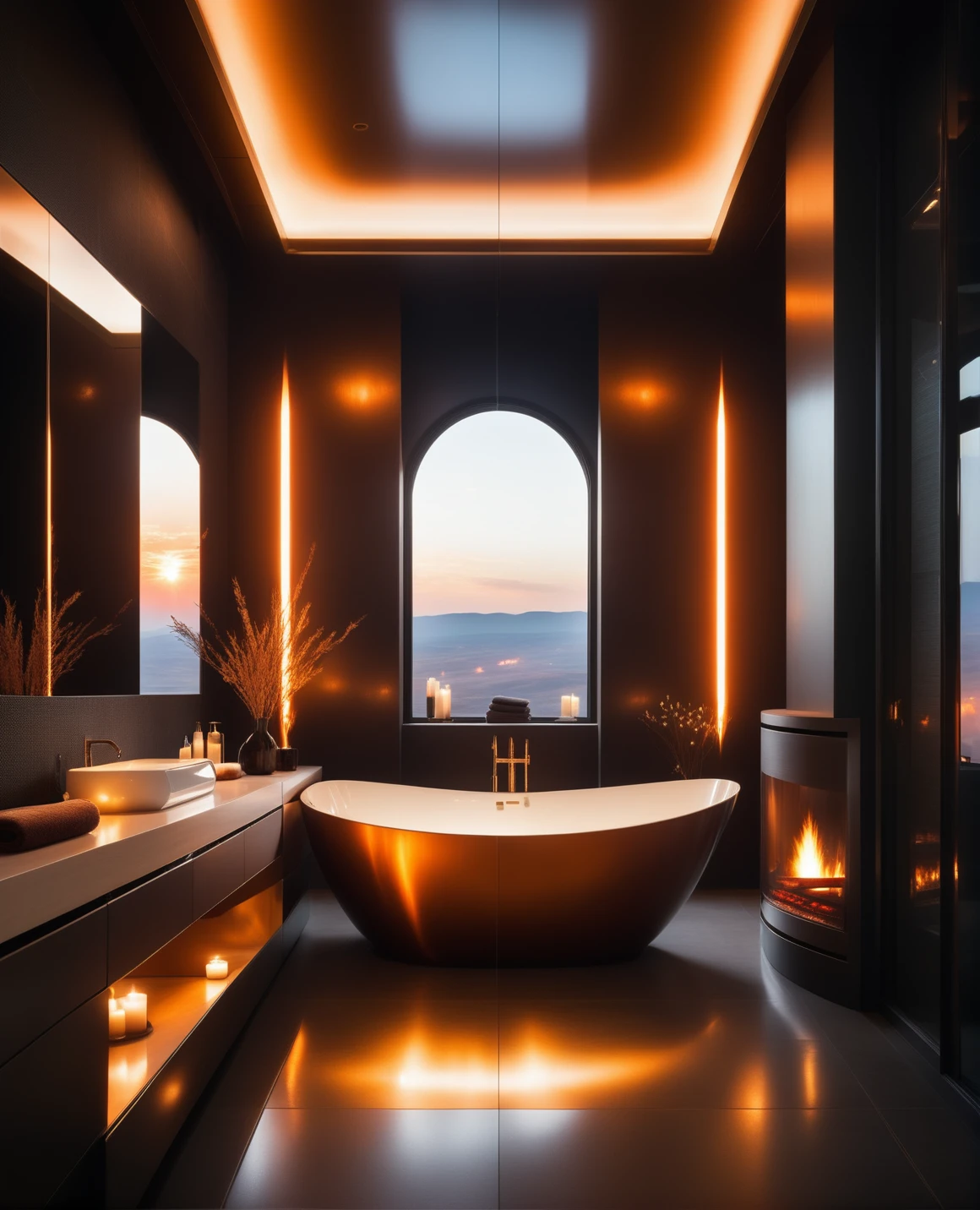 masterpiece, high quality, a  reij-ebsu bath room, sunrise shines, fireplace, retro sci fi steampunk <lora:ebony sunset-000001:0.7>