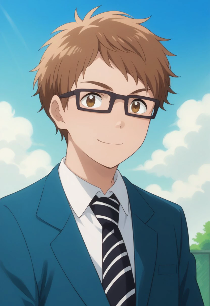 score_9, score_8_up, score_7_up, source_anime, highly detailed, 
toma, 1boy, male focus, glasses, school uniform, necktie, brown hair, brown eyes,
solo, jacket striped blazer, striped necktie, upper body, smile,
outdoor, sky,