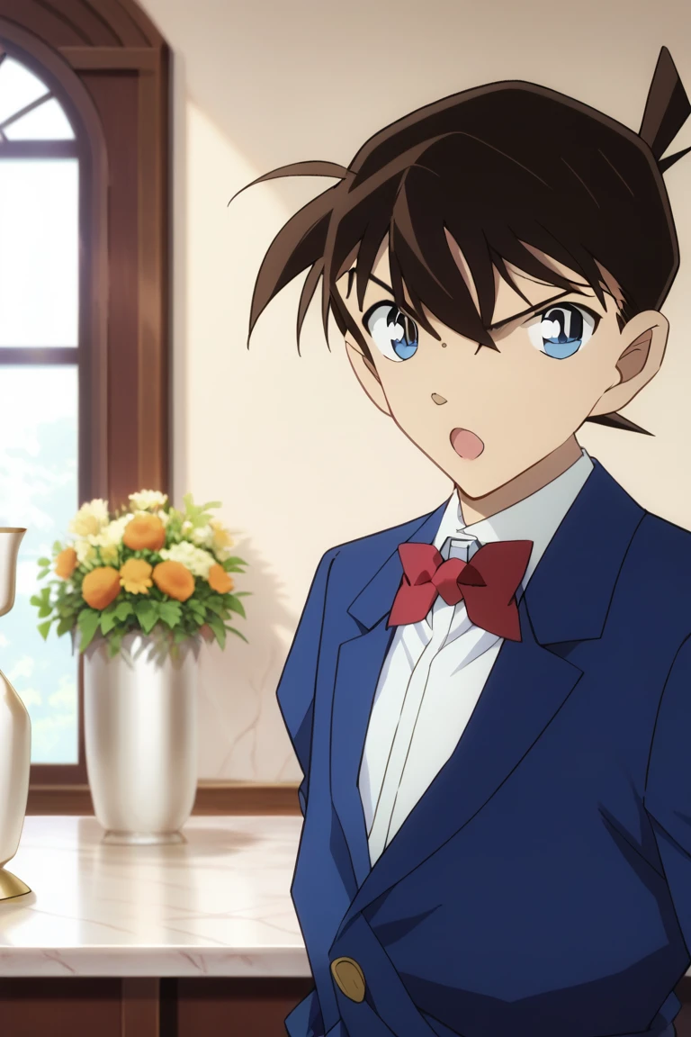 score_9, score_8_up, score_7_up, masterpiece, best quality, amazing quality, best aesthetic, ,absurdres,intricate details,male focus, solo
shinichi kudo, brown hair, blue eyes, suit, formal, blue jacket, white shirt, red bowtie, male focus, 1boy, solo, red bow, bow, bowtie, shirt, jacket, open mouth, collared shirt, looking at viewer, pointing, short hair, upper body, indoors, bangs, blazer, anime coloring, hair between eyes, long sleeves, pointing at viewer, official style, vase<lora:EMS-420465-EMS:1.000000>