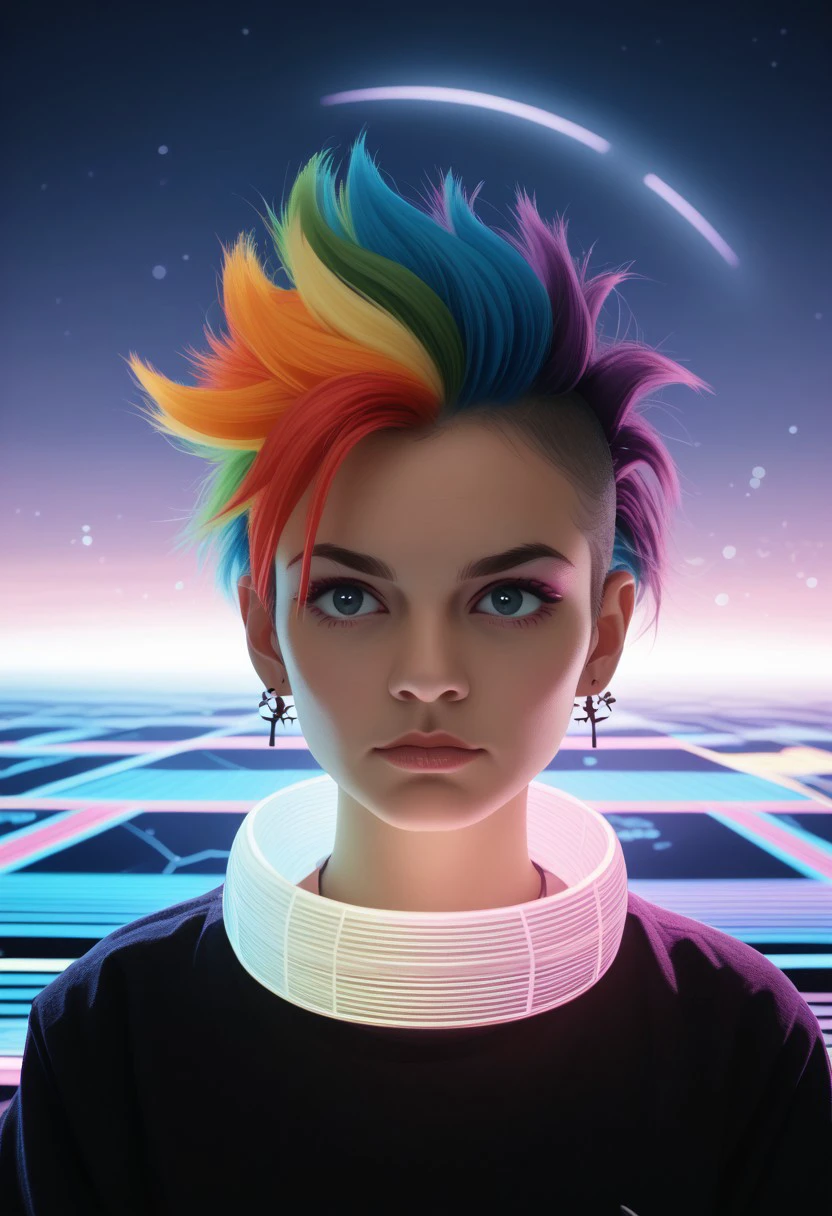 ,1girl, extremely detail beauty, wild hair , two tone hair, rainbow hair, vaporwave, (pastel), synthwave, city punk, constellation, crescent_moon, crown, dust, embers, rim lighting, side lighting,  upper body, pov ,realistic BREAK  PonyXLV6_Scores