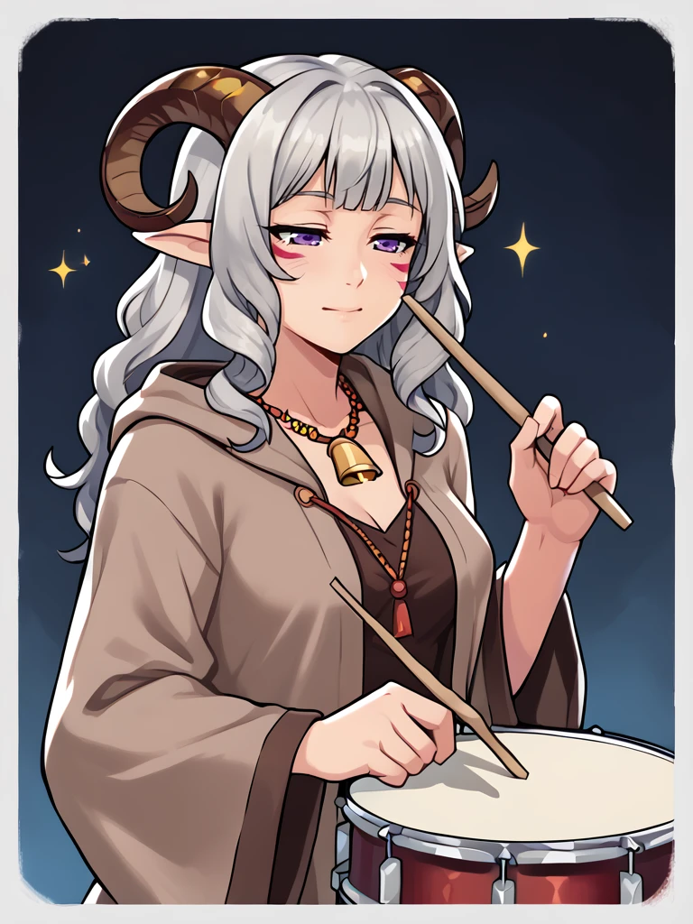 <lora:whisker_markings:0.8>red whisker_markings,
source_furry, score_7_up, rating_safe, cowboy shot, gold necklace, tiefing, short pointed ears, brown horns, (a pair of brown sheep Horns that begin at her temples and curve back: 1.5), bangs, long silver hair long wavy hair, pale skin ,short pointy ears, purple eyes, <lora:age_slider_v4:0.6>   medium breasts, skinny female, close up, silver hair, <lora:Tieflingnew weird fantasyDND:0.3> Tiefling, pointed ears, horns, half-closed eyes<lora:Smooth Style 2 SDXL_LoRA_Pony Diffusion V6 XL:0.5> bell, robe, hood off, 
 <lora:snare_drum:1> snare_durm, holding instrument, holding drumsticks, drumming,