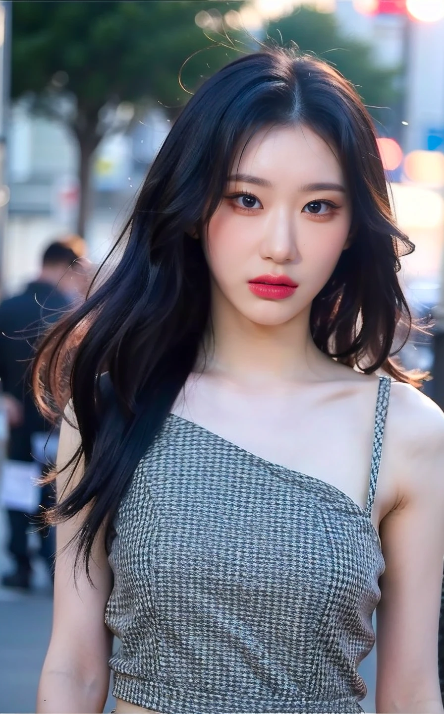 <lora:Chaeryoung_V1:1>,, (realistic), (hyperrealism), (photorealistic:1.4), 1girl, looking at the viewer, eye makeup, detailed eyes, detailed face, (upper body:1.2), detailed background, black dress, walking at the streets, sunset, (windy:1.2)