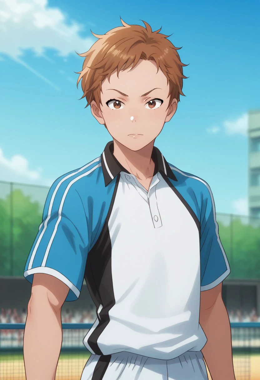 score_9, score_8_up, score_7_up, source_anime, highly detailed, 
shingo, 1boy, male focus, solo, sportswear, upper body, shorts, brown hair, looking at viewer, white shorts, brown eyes, standing, tennis uniform,
raglan sleeves, blue shirt, white shirt,
outdoor, sky, blue sky,