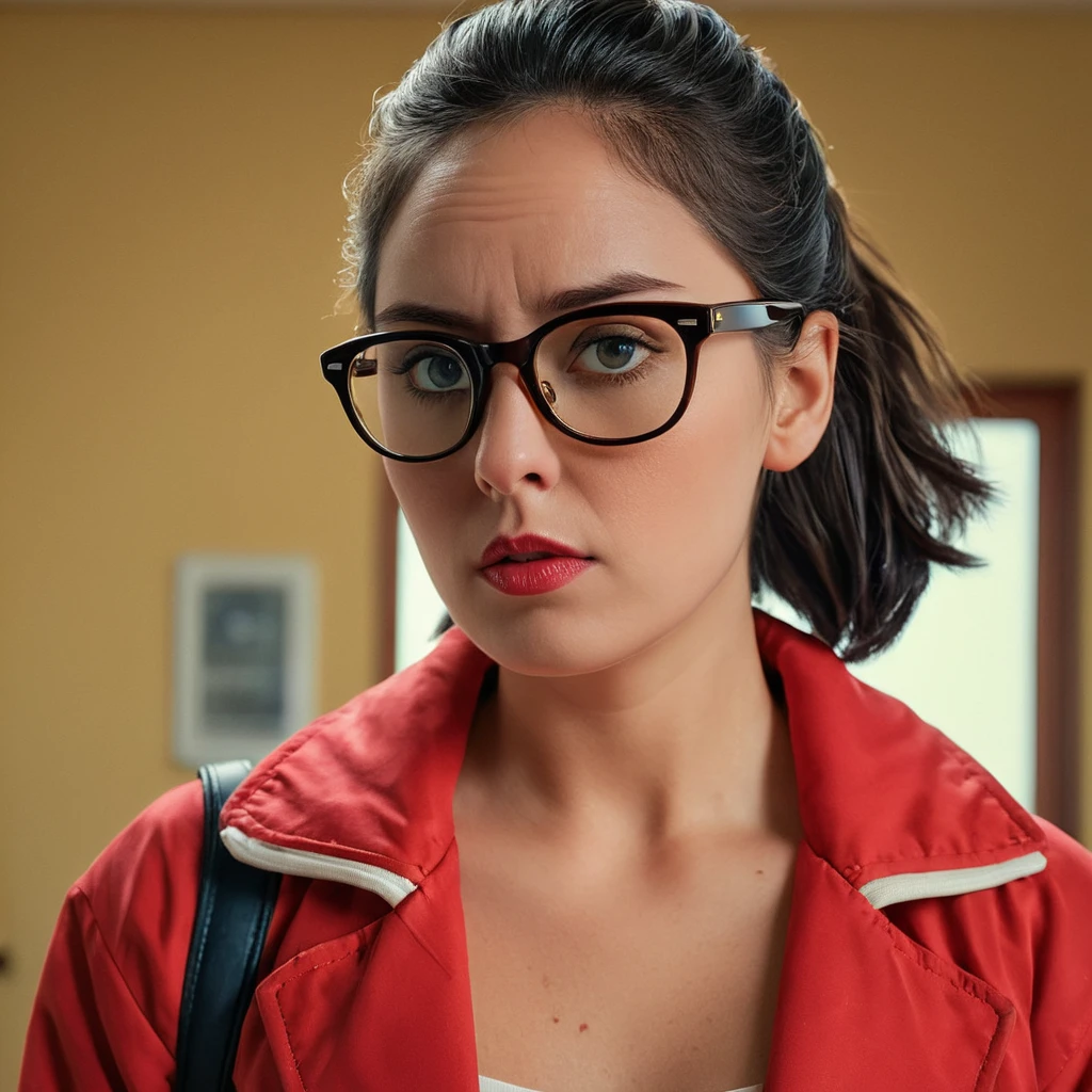 Hyperrealistic art of  <lora:detailed_notrigger:0.3>
 <lora:facial expression style v2:0.1>
 <lora:txbeachlovers:1>
anime worried facial expression of a woman with glasses and a red jacket, movie themed, sharp, detailed skin, epic cinematic photography, artistic, creative, wrinkly face, dramatic lighting style, cinematic color style, Kodak film style, skin pore, emotional style, gustier style, facial expression style, worried facial style, 1girl, solo, brown hair, black hair, glasses, lips, makeup, sunglasses, lipstick, portrait, retro artstyle, 1980s (style), looking at viewer, parted lips, black eyes, parody, tinted eyewear, yellow-tinted eyewear, 1970s (style), staring at camera from below
, Extremely high-resolution details, photographic, realism pushed to extreme, fine texture, incredibly lifelike