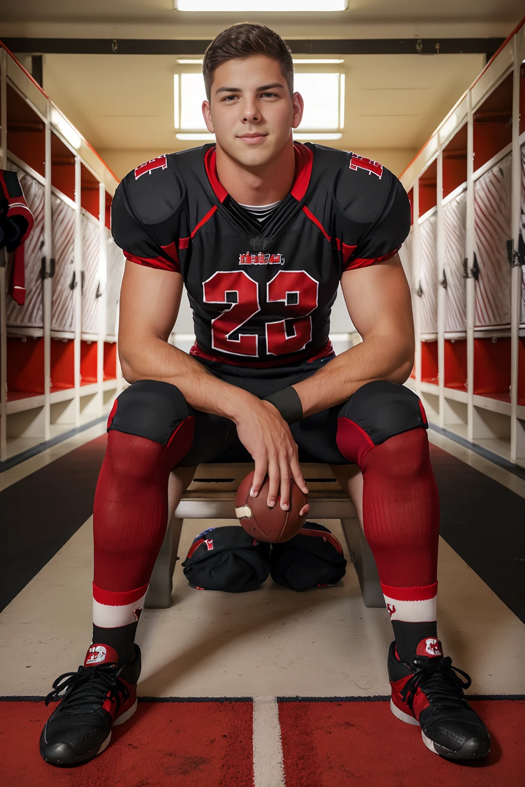 locker room, sitting on a bench, in front of lockers, slightly smiling, MartinGajda is an (American football player), wearing (football uniform:1.3), (red jersey:1.3), (red shoulder pads), jersey number 27, (black football pants:1.4), (red socks:1.3), long socks, (black sneakers:1.3), (((full body portrait))), wide angle   <lora:MartinGajda:0.8>