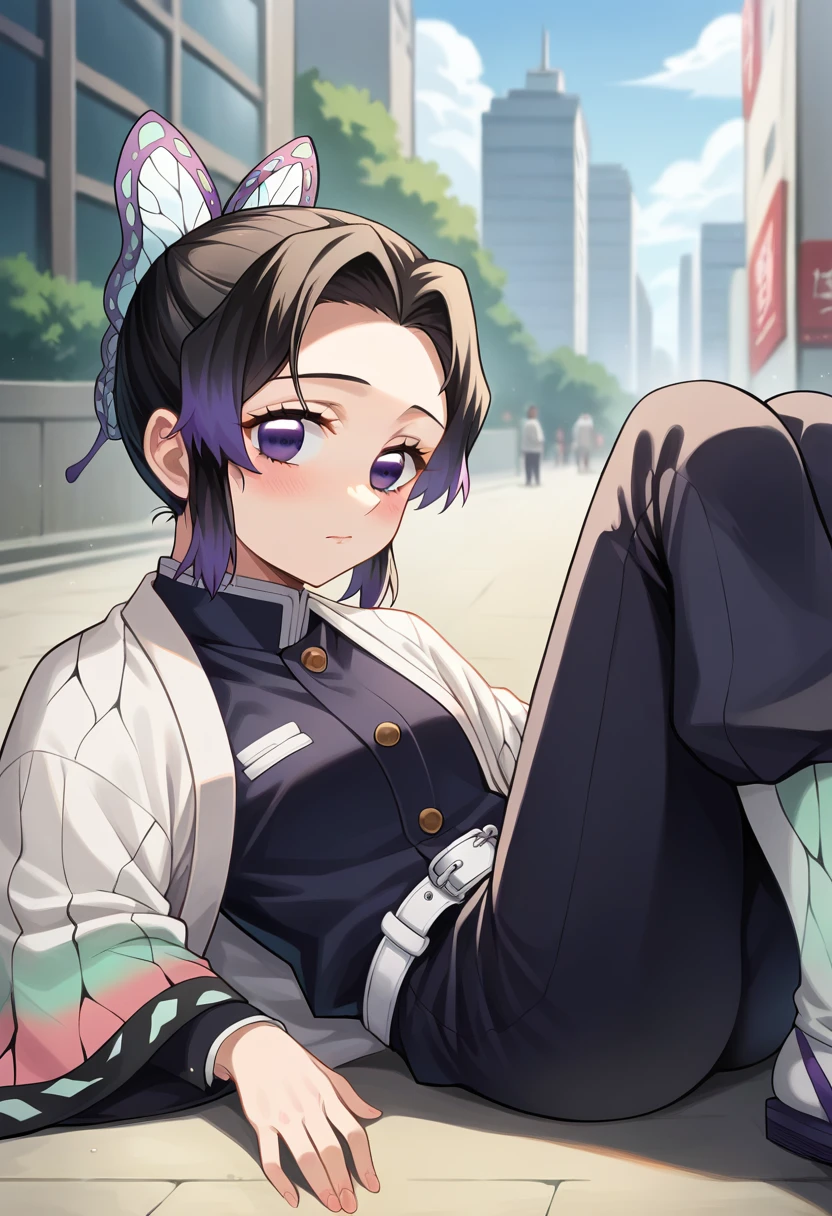 score_9, score_8_up, score_7_up, source_anime, masterpiece, 1girl, ct_sh1n0bu, haori, white belt, black uniform, black pants, wide sleeves,  outdoors, edo period, city, ground, on ground, lying, on ground, looking at viewer, blush, depth of field, close-up, knee up,<lora:Shinobu_Kochou_p_ct_ver2:0.8>