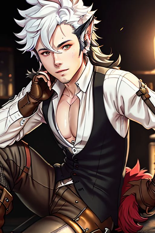 <lora:keaton:0.6> keaton, fire emblem, fates, man, (long hair), multicolor hair, white hairs on top, black hairs below, wolf ears, wolf tail, fluffy tail, wolfskin, red eyes, mischievous, fierce, muscular build, sleeveless black vest, black trousers, white shirt, brown gauntlets, boots, ultra detailed digital art, dramatic, trending on artstation, sharp focus, perfect composition, concept art, 8k, studio photo, ethereal colors background, volumetric lighting, light studio, vibrant, intricate details, tonemapping, <lora:add_detail:0.6>