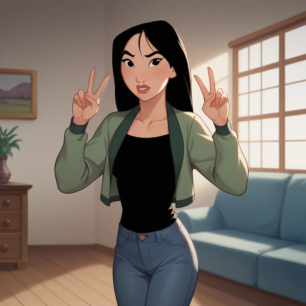 score_9_up, score_8_up, BREAK, MULAN, 1girl, solo, black hair, long hair, black  eyes, <lora:FaMulan_PXL_Leaf1:0.8>, indoors, black shirt, open jacket, jeans, living room, double v,