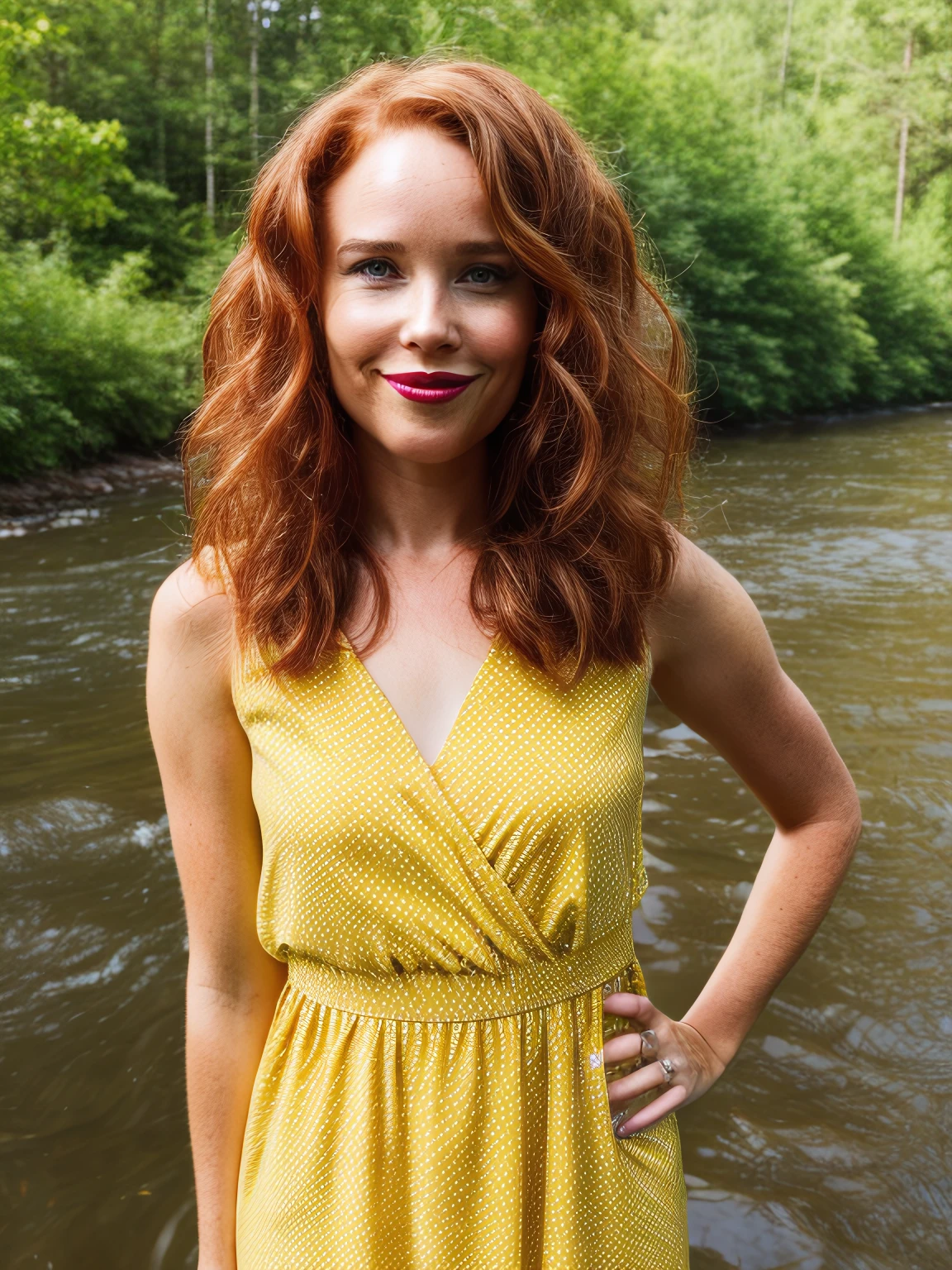 jkw, professional portrait of 1girl, curly hair, shiny hair, smile, pretty face, messy hair, eye focus, blue eyes, lipstick, polka dot dress, standing in river, forest river, ((yellow)), depth of field, lips