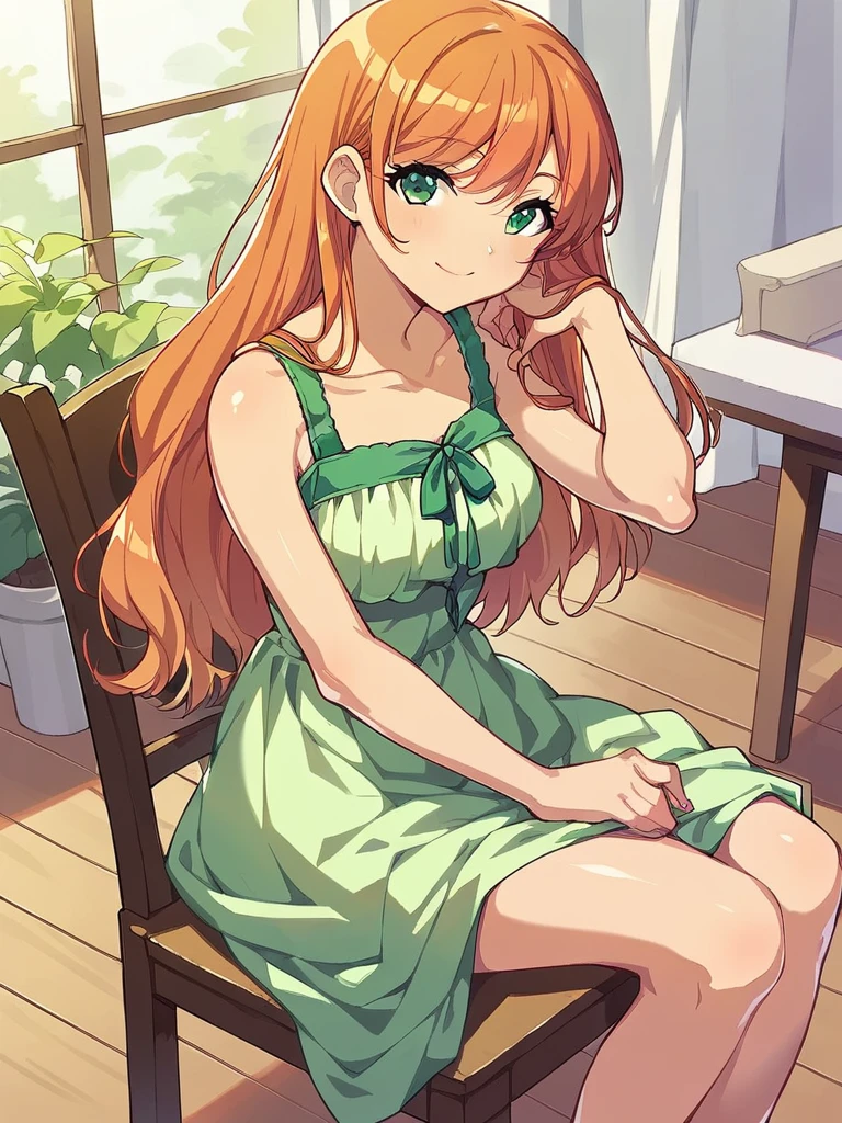 score_9, score_8_up, score_7_up, 
1girl, orange hair, long hair, green eyes, smile, looking at viewer, green dress, sitting, indoors, chair, sundress,