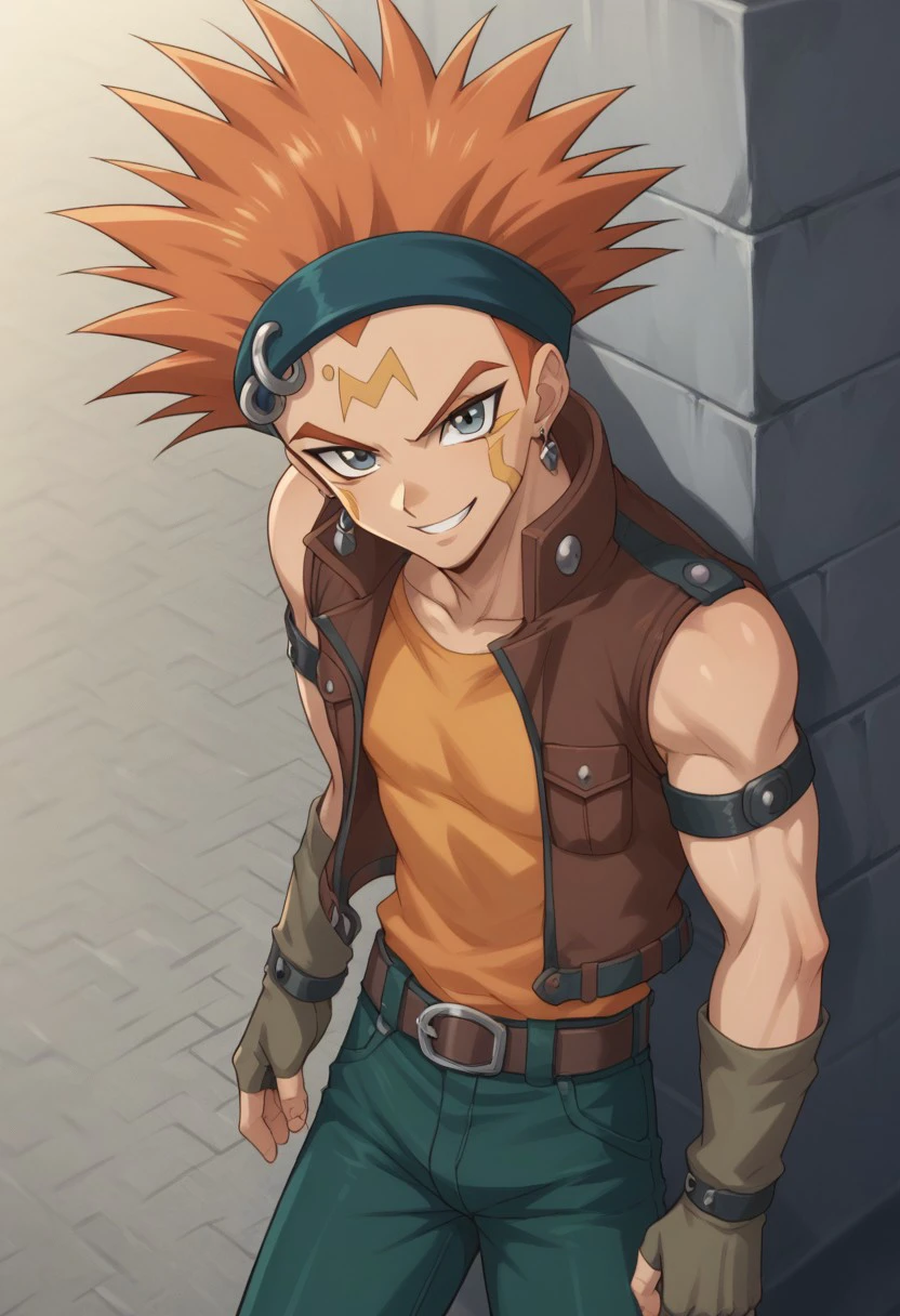 score_9, score_8_up, score_7_up, source_anime, highly detailed, 
crow_5ds, 1boy, male focus, spiked hair, solo, gloves, fingerless gloves, orange hair, belt, facial mark, smile, headband, earrings, vest, shirt, orange shirt, sleeveless, green pants, looking at viewer,
outdoor,