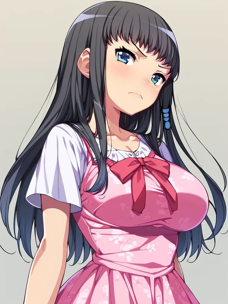 score_9, score_8_up, score_7_up, 
1girl, himeno kisara, black hair, long hair, blue eyes, hair ornament,
large breasts,
frown, looking at viewer, pink dress, short sleeves, 