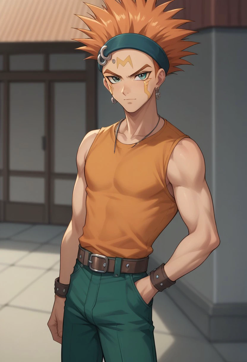 score_9, score_8_up, score_7_up, source_anime, highly detailed, 
crw_5d, 1boy, male focus, spiked hair, solo, orange hair, belt, facial mark, headband, earrings, shirt, orange shirt, sleeveless, green pants, looking at viewer,
outdoor,