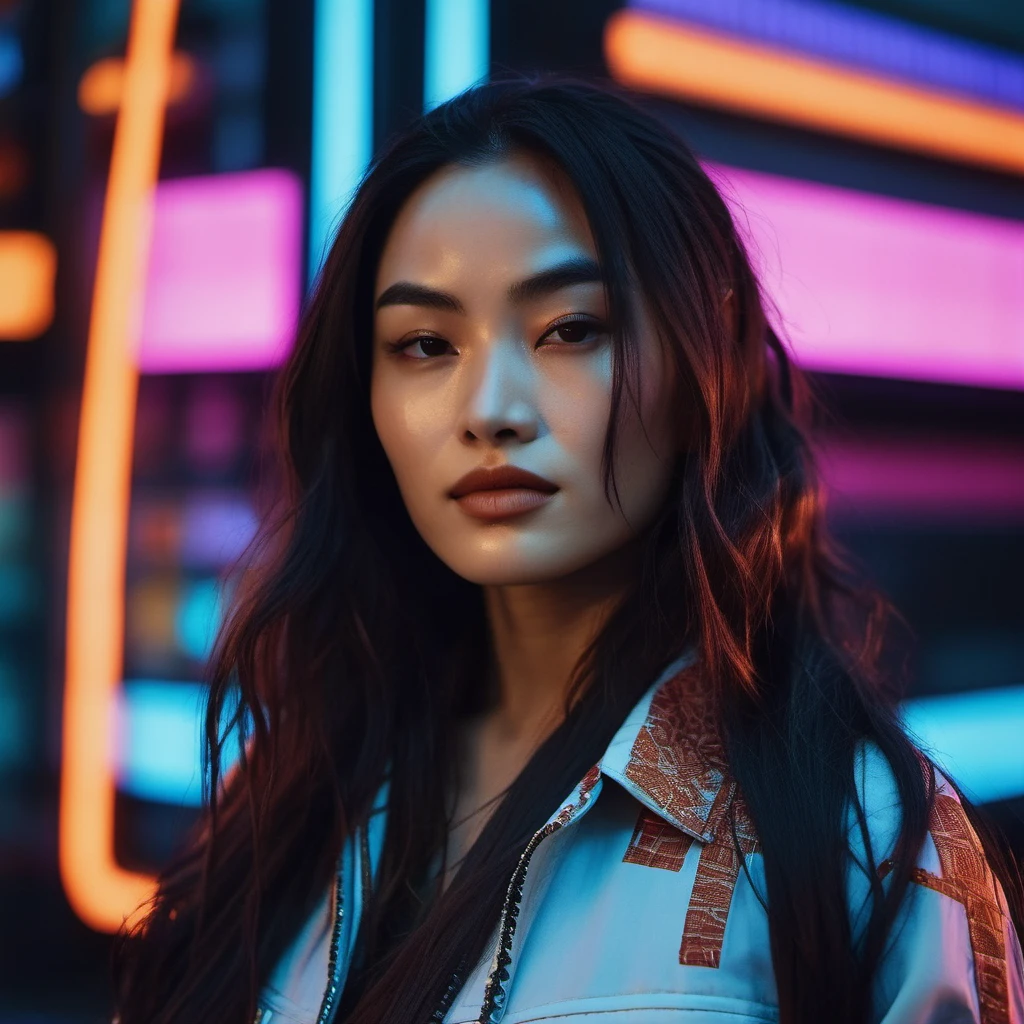 Photo of a woman with long wavy hair,portrait,kodachrome, neon,cyberpunk, anxsw,   <lora:ansawai_juggerX_xl_1_wocap_merger_28_131_03_07-anxsw:1.05>