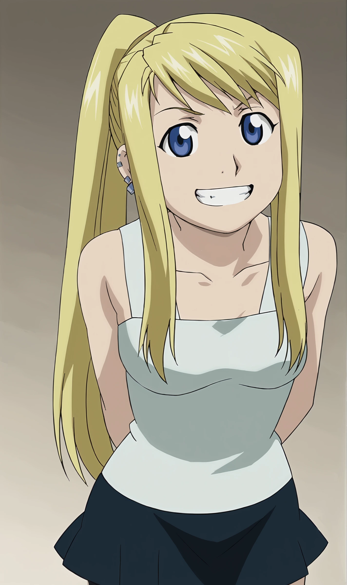 WR, 1girl, solo, blonde, blue eyes, ponytail, white tank top, black skirt, ear piercings, leaning forward, arms behind back, grin, looking at viewer, blank background, <lora:Winry Rockbell Pony XL:1>