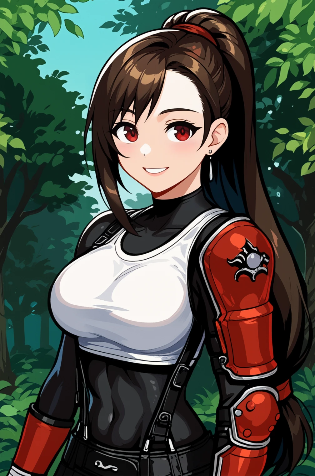 <lora:Tifa_LockhartV2:0.8>, outdoors, Tifa Lockhart, 1girl, solo, smile, gloves, upper body, braid, ponytail, armor, bodysuit,