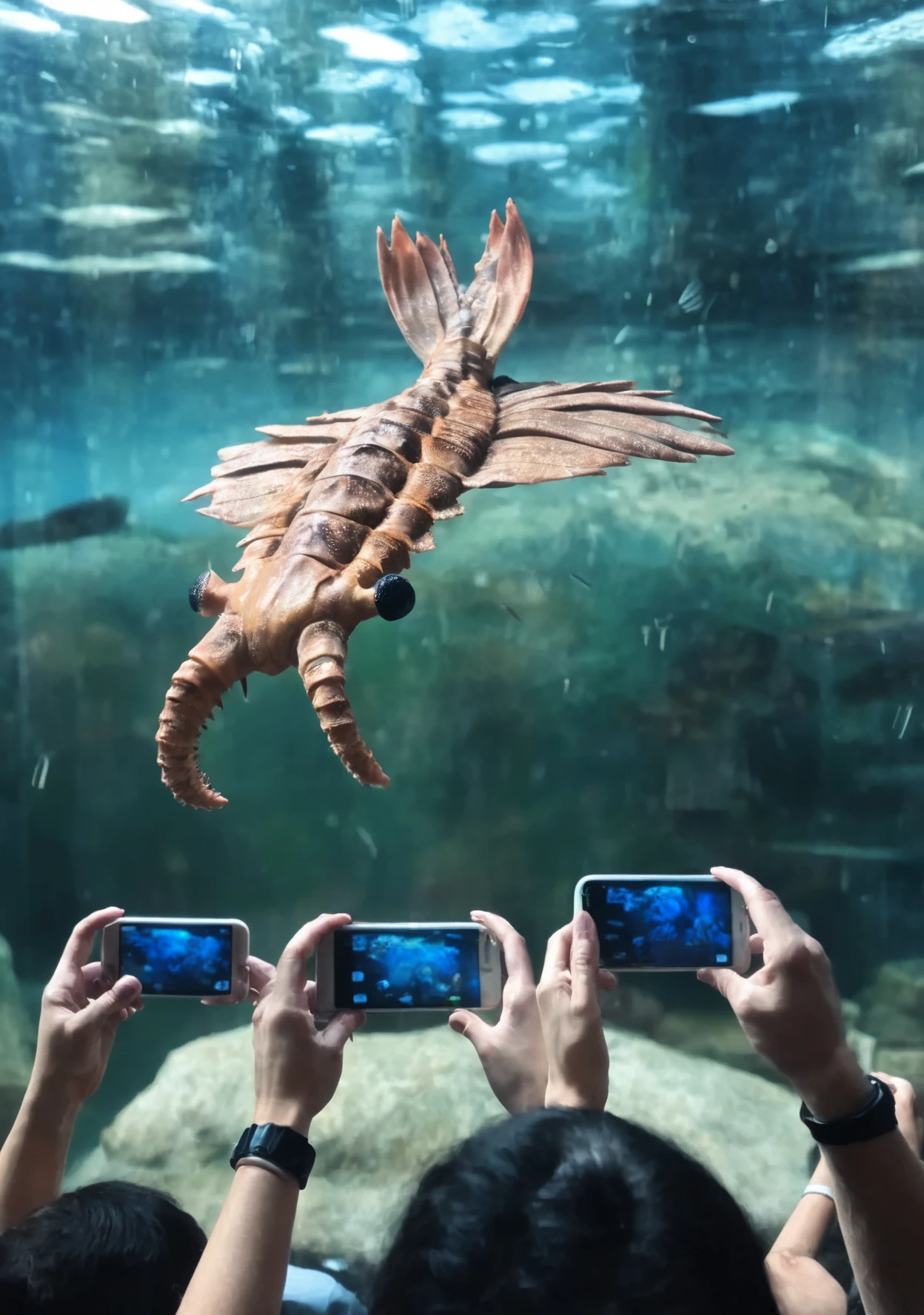 professional news photo of small anomalocaris swimming in an aquarium in background behind (dirty glass pane:1.1), dim, moody light, style of natural geographic, highly detailed, photorealistic <lora:anomalocaris:0.8>
 ADDROW 
professional news photo of, three spectators in front of an aquarium seen from behind holding up cell phones, blurry out of focus, photorealistic