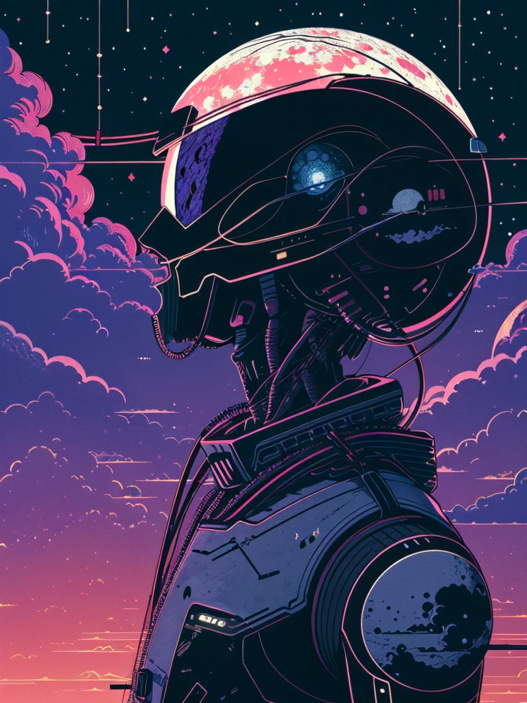 <lora:retro_neon-SD:0.8>,
retro_neon, solo, moon, 1boy, male focus, cloud, profile, upper body, full moon,robot,cables,night,purple moon