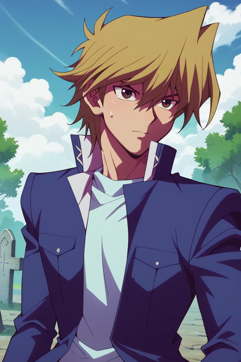 score_9, score_8_up, score_7_up, masterpiece, best quality, amazing quality, best aesthetic, ,absurdres,intricate details,male focus, solo
jounouchi katsuya, blonde hair, brown eyes, school uniform, blue jacket, white shirt, official style, 1boy, male focus, solo, shirt, graveyard, sweatdrop, tombstone, upper body, jacket, outdoors, tree, bangs, hair between eyes, open clothes, open jacket, spiked hair, cross, closed mouth<lora:EMS-420423-EMS:1.000000>