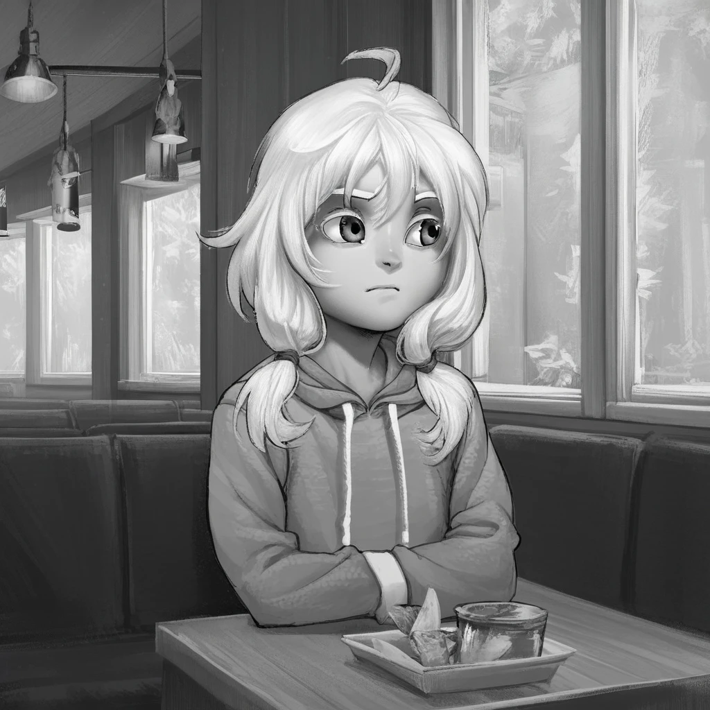 score_9, solo, OTB, greyscale, hoodie, twintails, ahoge, restaurant